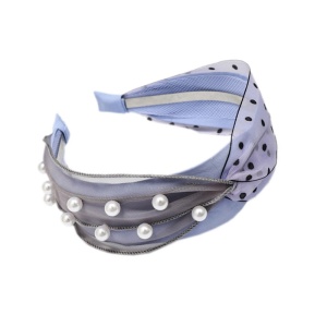Bentita pentru par cu nod, model delicat si pretios, imprimeu cu buline si accesorii perlute, marime universala, albastra