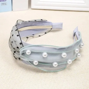 Bentita pentru par cu nod, model delicat si pretios, imprimeu cu buline si accesorii perlute, marime universala, verde - Img 2