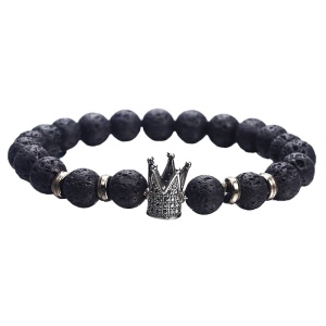 Bratara barbateasca fashion king din roca vulcanica neagra semipretioasa, cu bijuterii tip coroana din zirconiu, 19 cm,