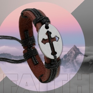 Bratara cu cruce, model retro, reglabila, unisex, neagra, - Img 4