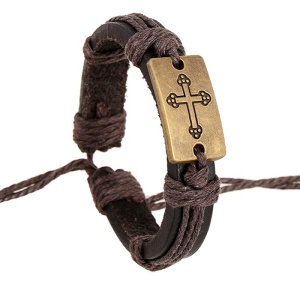 Bratara cu pandantiv cruce, model old cross, tematica religioasa, reglabila, unisex, maro,