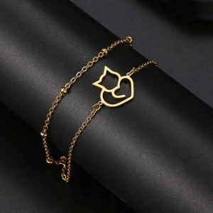 Bratara dama, dublata, model cat love, pandantiv pisica, cu accesorii bilute, aurie - Img 3