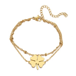 Bratara dama, dublata, model lucky, pandantiv trifoi norocos, cu accesorii bilute, reglabila, aurie