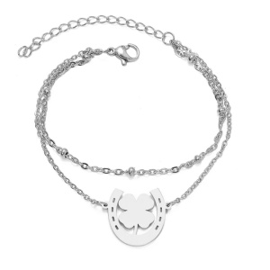 Bratara dama, dublata, model potcoava norocoasa, pandantiv trifoi cu patru foi, cu accesorii bilute, reglabila, argintie