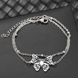Bratara dama, model dublat cu accesorii bilute, tematica beautiful butterfly world, pandantiv fluturas, reglabila, argintie - Img 2