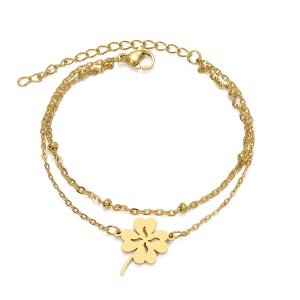 Bratara dama, model dublat cu accesorii bilute, tematica lucky charm, pandantiv trifoi cu patru foi, reglabila, aurie
