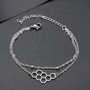Bratara dama, model dublat cu accesorii bilute, tematica queen bee, pandantiv stup de miere, reglabila, argintie - Img 2