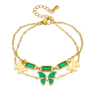 Bratara dama, model fashion dublat cu pandantiv fluturas si accesorii din cristale, tematica atingere delicata, aurie
