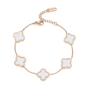 Bratara dama, model norocos, M2, trifoi cu 4 foi, bronz, reglabila, cu accesorii albe