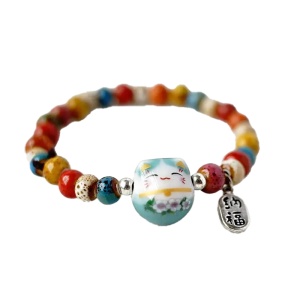 Bratara, model cu margele si pisica simpatica, tematica lucky cat, elastica, unisex, albastra