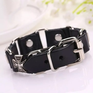 Bratara retro punk, model cu cruci multiple, tematica religioasa, reglabila, unisex, neagra, - Img 4