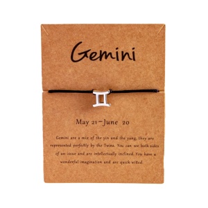 Bratara semn zodiac gemeni argintiu, creata manual, neagra, unisex