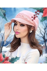 Caciula dama, model cu cozoroc si accesorii delicate, tip bereta calduroasa, tematica fashion winter, marime universala, roz deschis - Img 2