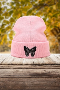 Caciula dama, model minimalist cu fluturas, tematica snow butterfly, marime universala, roz - Img 3