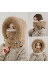 Caciula dama, model moale si pufos tip cagula cu guler inalt, reglabila cu snur, tematica warm and cozy winter, marime universala, maro - Img 2