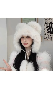 Caciula dama, model pufos cu urechiuse, prindere reglabila cu pom pom, tematica cute winter, marime universala, alba - Img 4
