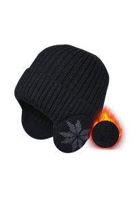 Caciula iarna, model cu protectie intarita pentru urechi, imprimeu fulg de zapada, captuseala moale si fina, tematica happy winter, unisex, marime universala, neagra - Img 3