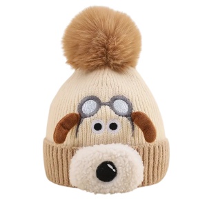 Caciula pentru copii, accesorizata cu botic de catel, model pom pom calduros, captuseala delicata, tematica I love dogs, 1 – 4 ani, maro