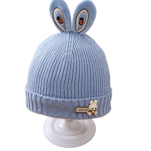 Caciula pentru copii, accesorizata cu urechiuse de iepuras, model minimalist, captuseala delicata, tematica little rabbit, 1 - 3 ani, albastra - Img 3