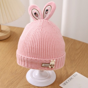 Caciula pentru copii, accesorizata cu urechiuse de iepuras, model minimalist, captuseala delicata, tematica little rabbit, 1 - 3 ani, roz - Img 3