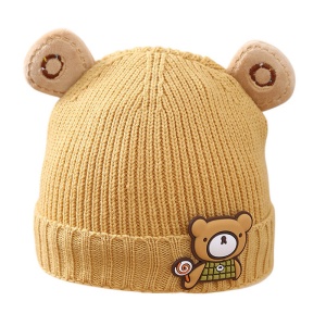 Caciula pentru copii, accesorizata cu urechiuse de ursulet, model minimalist, captuseala delicata, tematica little bear, 3 luni – 3 ani, galbena