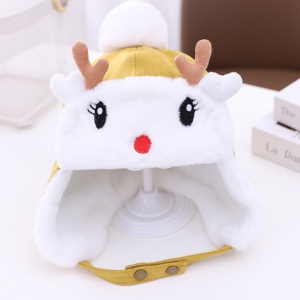 Caciula pentru copii, calduroasa, model cu fata vesela, cu ochisori, nasuc si urechi de caprioara, prindere in doua moduri cu capse, tematica I’m a happy deer, 1 – 5 ani, galbena - Img 3
