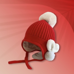 Caciula pentru copii, model cu pom pom si prindere reglabila sub barbie, accesorizata cu iepurasi la urechi, tematica little bunny in the winter, 1 – 3 ani, rosie - Img 2