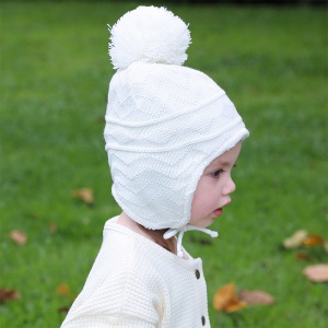 Caciula pentru copii, model cu prindere si pom pom, tematica playful kid, 6 luni – 3 ani, alba - Img 2