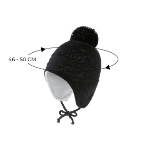 Caciula pentru copii, model cu prindere si pom pom, tematica playful kid, 6 luni – 3 ani, neagra - Img 3