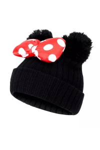 Caciula pentru copii, model cu urechiuse pom pom si funda chic, marime universala, neagra