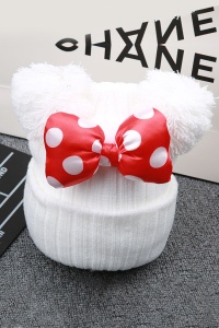 Caciula pentru copii, model cu urechiuse pom pom si funda chic, marime universala, alba - Img 3