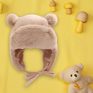 Caciula pentru copii, model cu urechiuse si prindere reglabila, usor elastica la spate, tematica I’m a fluffy bear, 3 – 6 ani, maro deschis - Img 3