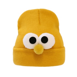 Caciula pentru copii, model minimalist accesorizat cu ochisori curiosi si nasuc nazdravan, tematica funny little baby, 0 – 1 ani, galbena