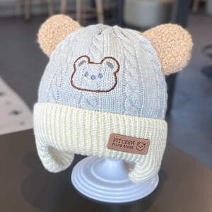 Caciula pentru copii, prelungire pentru urechiuse, imprimeu ursulet, model cute, tematica happy little bear, 6 luni – 3 ani, albastra - Img 4