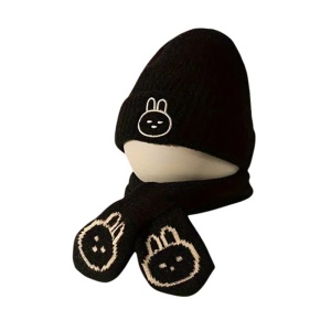 Caciula pentru copii, set doua piese, model minimalist cu iepuras, fular asortat, tematica sweet little bunny, 6 luni - 3 ani, neagra