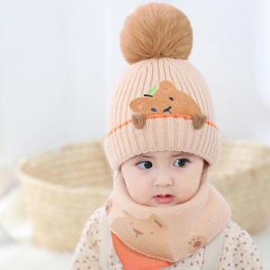 Caciula pentru copii, set doua piese, model pom pom cu ursulet curios, fular asortat tip guler, tematica I’m a friendly little bear, 12 luni – 2 ani, bej - Img 2