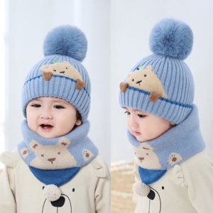 Caciula pentru copii, set doua piese, model pom pom cu ursulet curios, fular asortat tip guler, tematica I’m a friendly little bear, 12 luni – 2 ani, albastra - Img 4