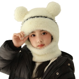 Caciula pentru copii, tip cagula cu guler, model pufos cu urechiuse ascutite, tematica fluffy cozy bear, 1 – 4 ani, alba
