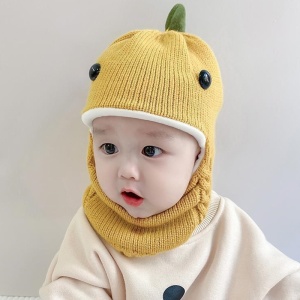 Caciula pentru copii, tip cagula, model dinozaur jucaus, captuseala moale si calduroasa, tematica little dino, 6 luni – 3 ani, galbena - Img 3