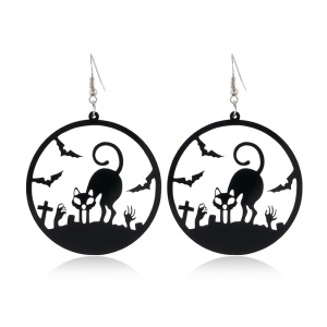 Cercei dama Halloween, negru, rotunzi, design pisica isterica