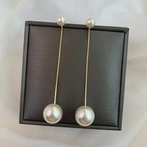 Cercei dama, model minimalist cu margele, lungi, tematica I love pearls, aurii - Img 3