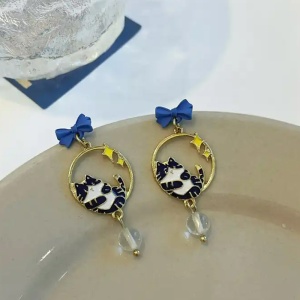 Cercei dama, model rotund cu pisicute lenese, accesorizati cu fundite, tematica pufosenie adorabila, albastri cu negru - Img 4