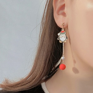 Cercei dama, tematica de Craciun, model special, lung, accesorizat cu pinguin si om de zapada, alb - Img 3