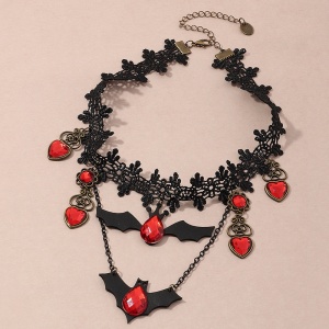 Colier dama Halloween, negru, cu pandantiv liliac si accesorii inimi rosii cristal, reglabil - Img 4