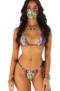 Costum de baie cu masca, 3 piese, animal print multicolor, slip brazilian, sutien reglabil RO