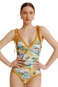 Costum de baie dama, 1 piesa, model versatil cu doua fete, imprimeu deosebit, bretele reglabile galben cu verde