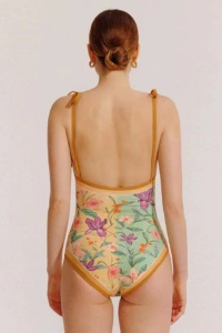 Costum de baie dama, 1 piesa, model versatil cu doua fete, imprimeu deosebit, bretele reglabile galben cu verde - Img 4