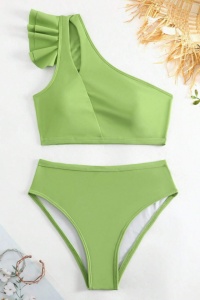 Costum de baie dama, 2 piese, model cool seducator, top tip bustiera cu prindere pe un umar si chilot talie inalta, tematica sexy elegant summer verde deschis - Img 3