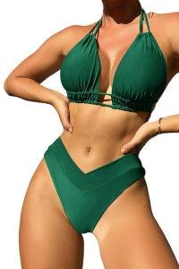 Costum de baie dama, 2 piese, model de vara clasic elegant, sutien cu bretele reglabile, chilot cu talie inalta si coapsa dezgolita, tematica classy and hot bikini verde
