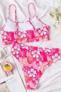 Costum de baie dama, 2 piese, model floral, sutien tip bustiera si chilot cu talie inalta roz - Img 4